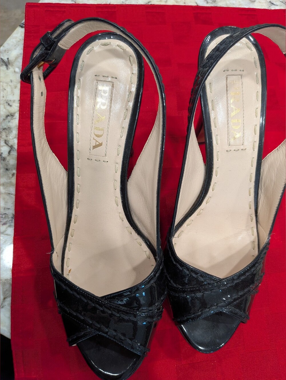 Prada Black patent leather whipstitch trim slingback platform sandals - Picture 2 of 6